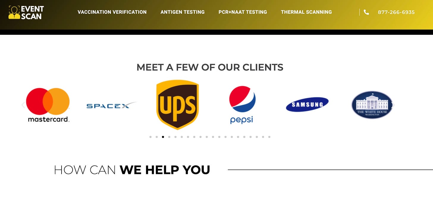 Screenshot from EventScan's website, showing logos of several clients: Mastercard, SpaceX, UPS, Pepsi, Samsung, The White House