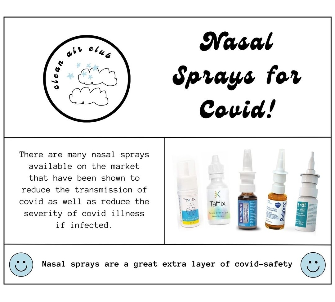 Graphic by Clean Air Club about Nasal Sprays for Covid. Text says: 'Nasal Sprays for Covid! There are many nasal sprays available on the market that have been shown to reduce the transmission of covid as well as reduce the severity of covid illness if infected. Nasal sprays are a great extra layer of covid-safety.' A photograph shows several nasal spray options: Enovid, Taffix, Betadine, Salinex, and Nasitrol.